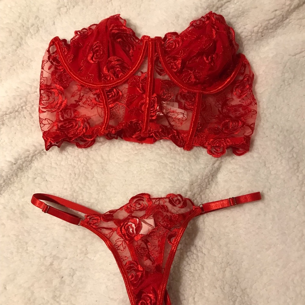 Rose Lace Strapless Bustier Bra Top with Underwire and Matching Panty